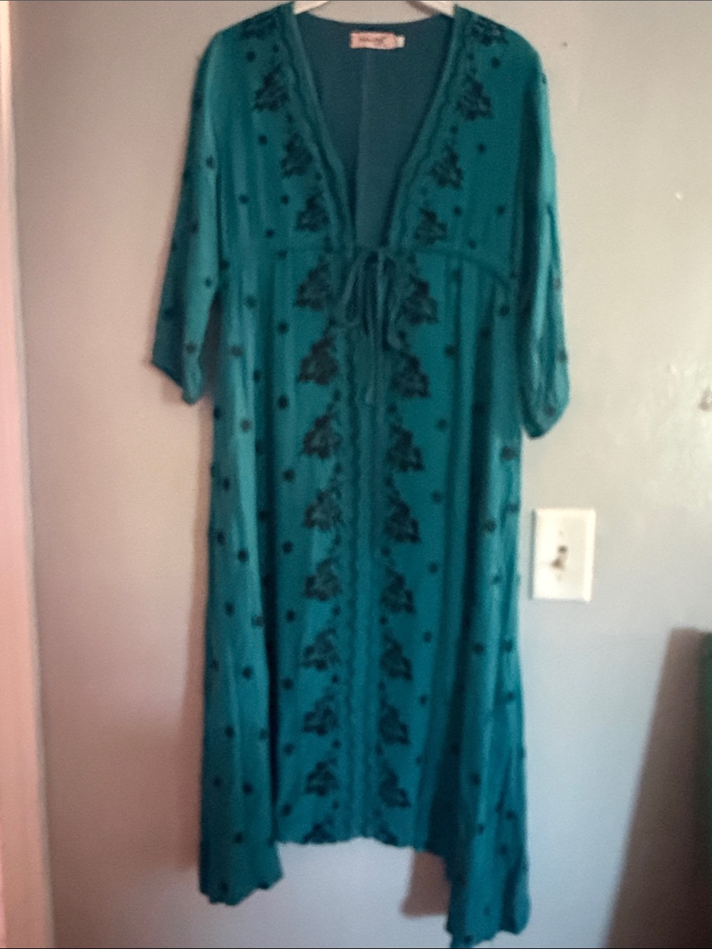 Teal Midi Dress with Tie Front and Black Embroidery